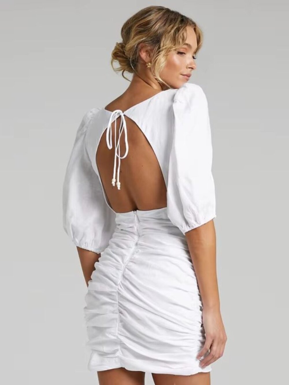 Showpo. 100% Linen Puff Sleeves Ruched Sexy Open Back Mini Dress White - Picture 1 of 16